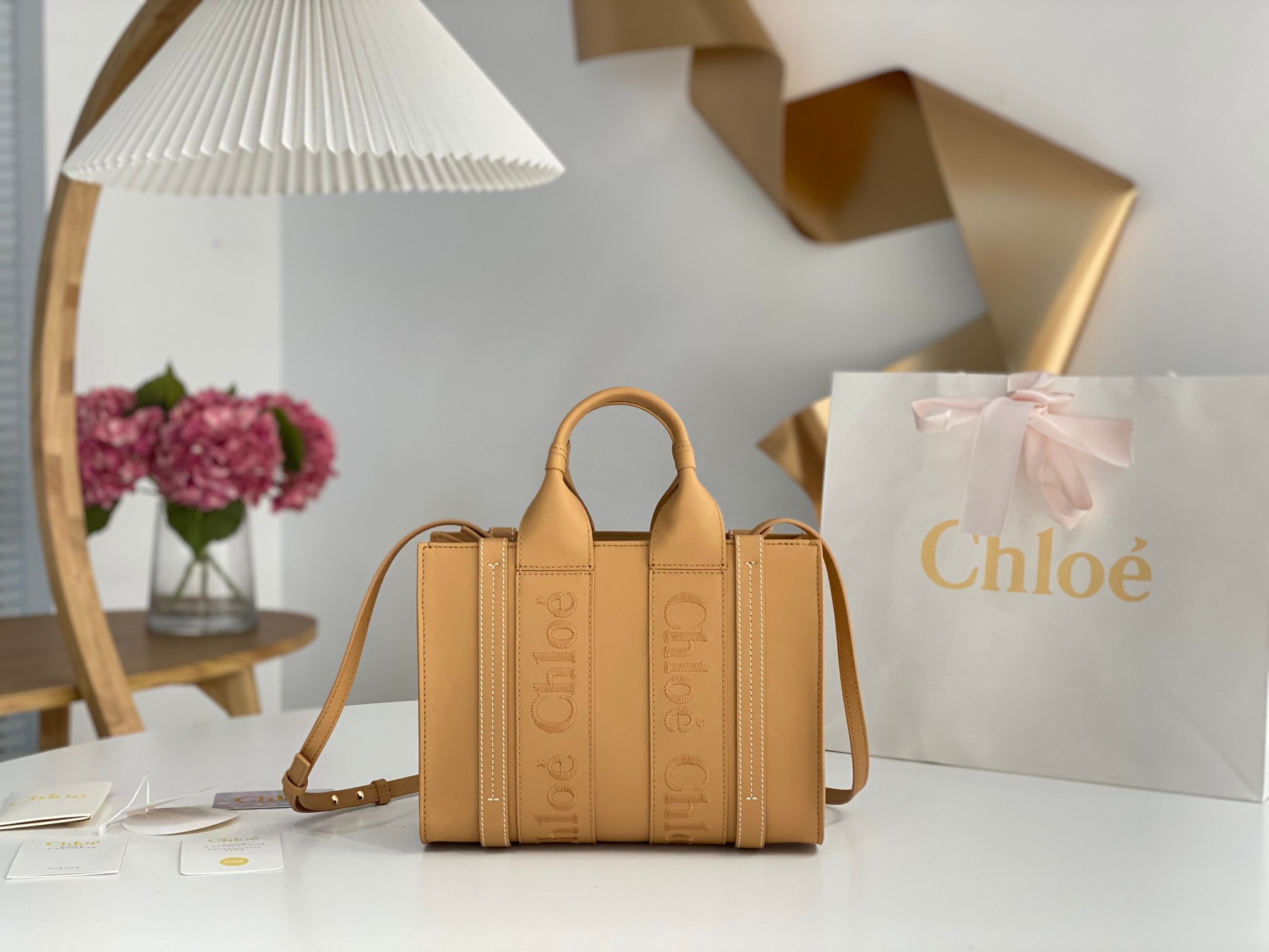 Chloe Small Woody Tote Bag In Milky Brown Soft Smooth Calfskin Leather